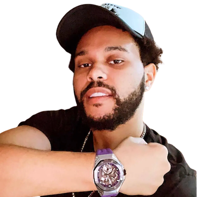 The Weeknd showing his watch to the camera